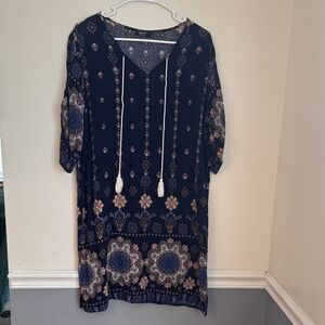 Aranee Dark Blue Floral Boho Midi Dress Size XL